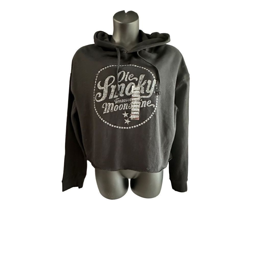 Moonshine Women's Black Distressed Logo Drawstring Crop Hoodie Jacket 2XL NWT